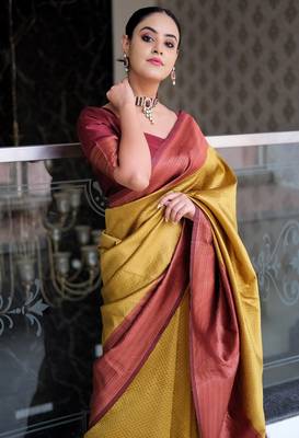 mustard maroon silk blend banarasi saree with unstitched blouse piece 1