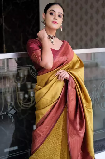 mustard maroon soft art silk banarasi jacuard work designer party wear saree with unstitched blouse piece