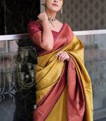 mustard maroon soft art silk banarasi jacuard work designer party wear saree with unstitched blouse piece