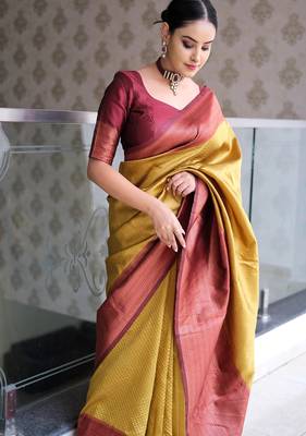mustard maroon silk blend banarasi saree with unstitched blouse piece 3