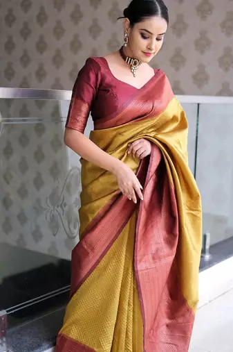mustard maroon silk blend banarasi saree with unstitched blouse piece