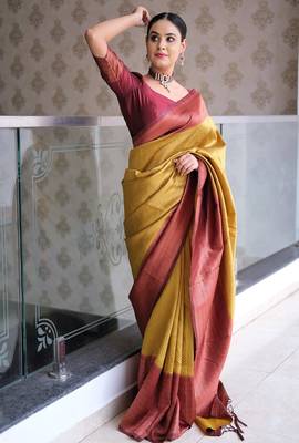 mustard maroon silk blend banarasi saree with unstitched blouse piece 4