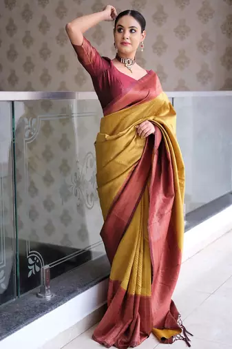 mustard maroon silk blend banarasi saree with unstitched blouse piece