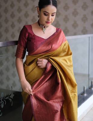 mustard maroon silk blend banarasi saree with unstitched blouse piece 5