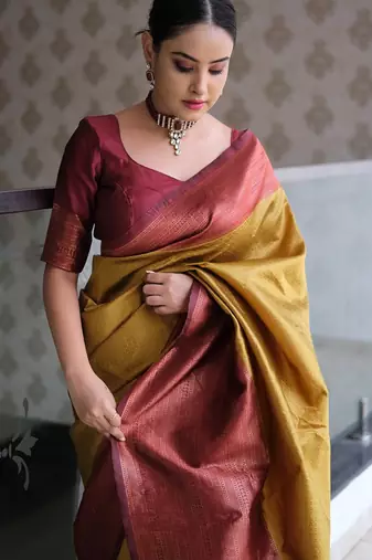 mustard maroon silk blend banarasi saree with unstitched blouse piece