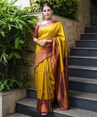 mustard maroon silk blend banarasi saree with unstitched blouse piece 2