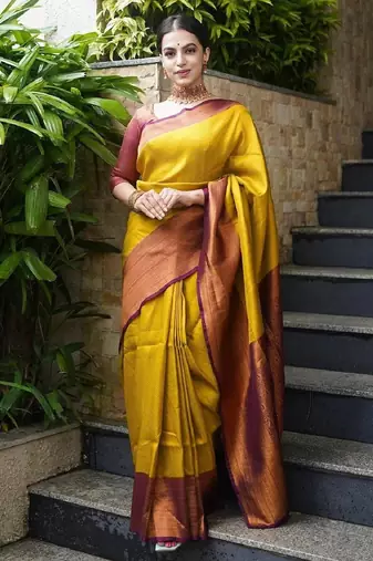 mustard maroon silk blend banarasi saree with unstitched blouse piece