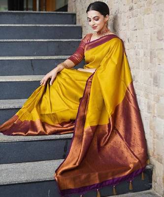 mustard maroon silk blend banarasi saree with unstitched blouse piece 3