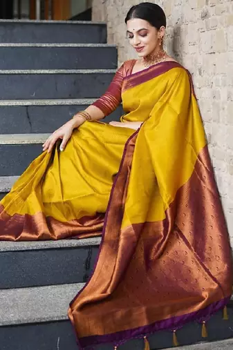 mustard maroon silk blend banarasi saree with unstitched blouse piece