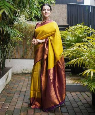 mustard maroon silk blend banarasi saree with unstitched blouse piece 4