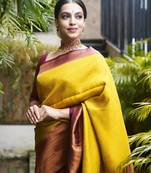 mustard maroon soft art silk banarasi jacuard work designer party wear saree with unstitched blouse piece