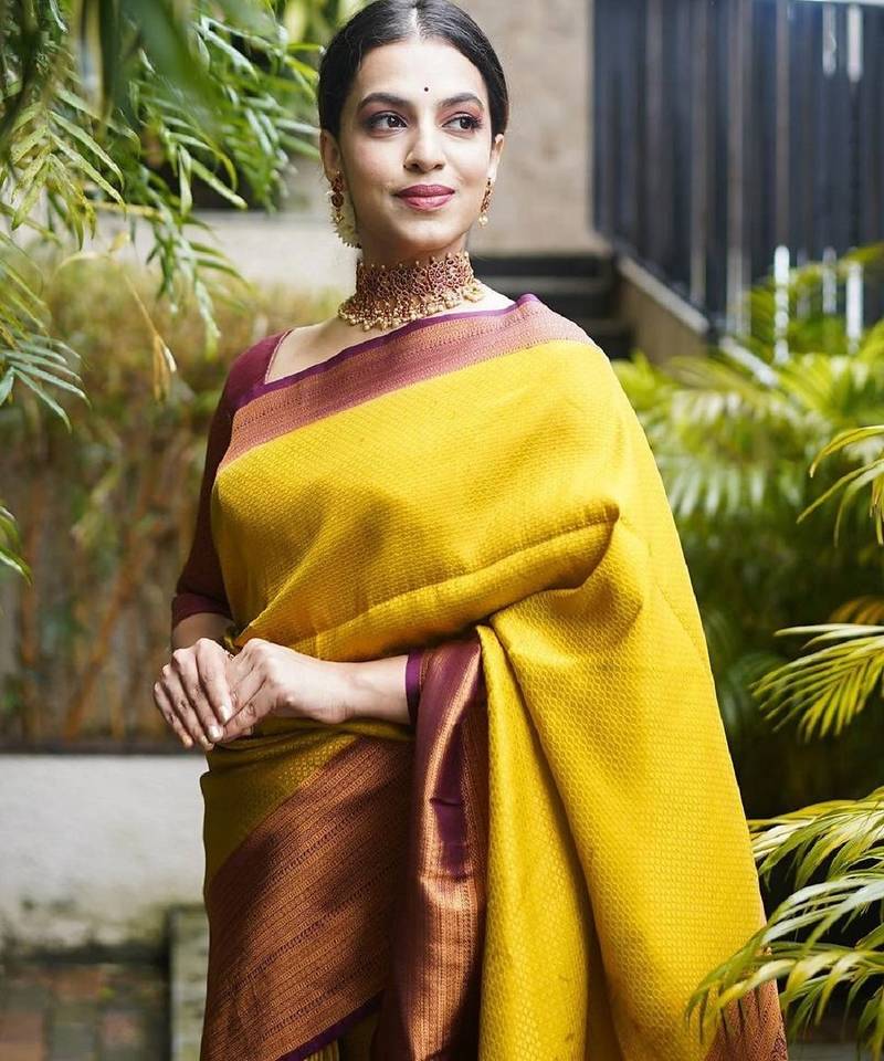 mustard maroon soft art silk banarasi jacuard work designer party wear saree with unstitched blouse piece