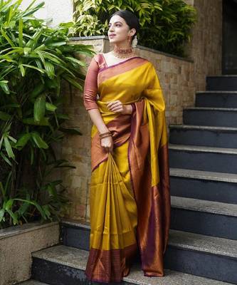 mustard maroon silk blend banarasi saree with unstitched blouse piece 5