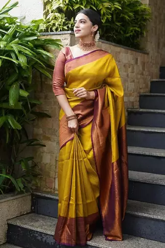 mustard maroon silk blend banarasi saree with unstitched blouse piece