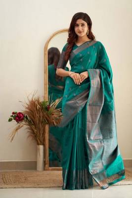 teal green silk blend banarasi saree with unstitched blouse piece 2