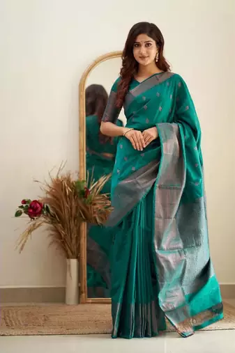 teal green silk blend banarasi saree with unstitched blouse piece