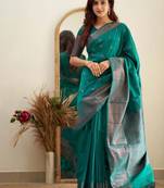 teal green soft art silk banarasi jacuard work designer party wear saree with unstitched blouse piece