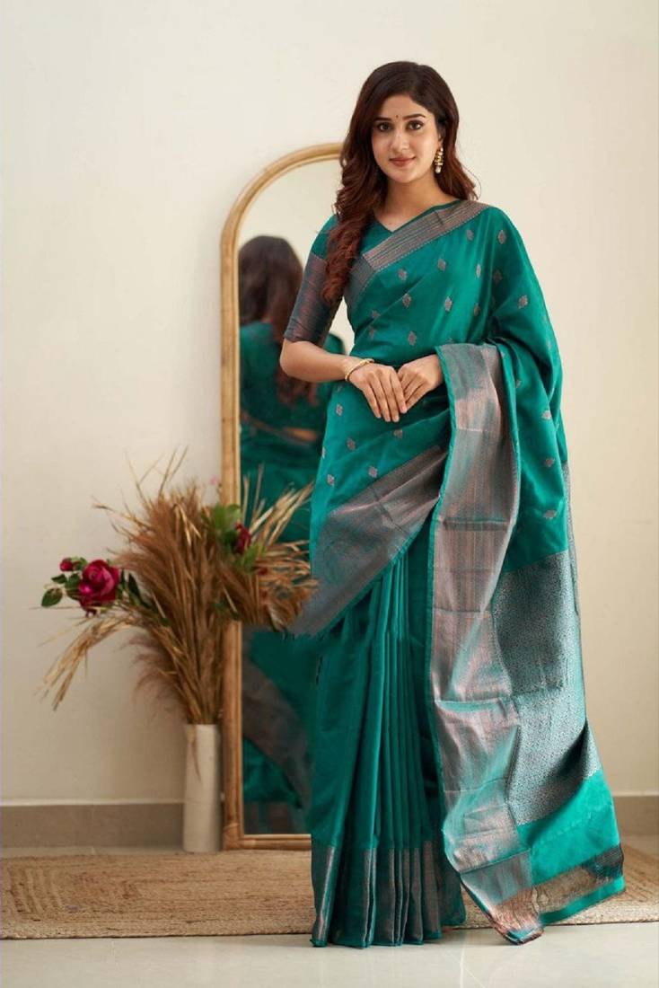 teal green soft art silk banarasi jacuard work designer party wear saree with unstitched blouse piece