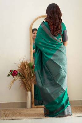teal green silk blend banarasi saree with unstitched blouse piece 3