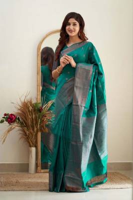 teal green silk blend banarasi saree with unstitched blouse piece 4
