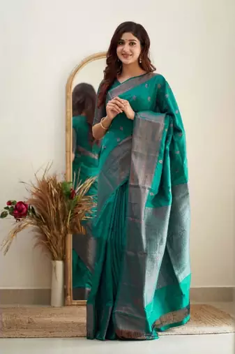 teal green silk blend banarasi saree with unstitched blouse piece