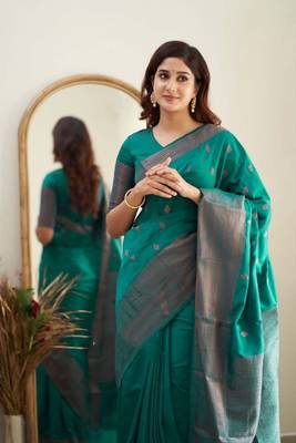 teal green silk blend banarasi saree with unstitched blouse piece 1