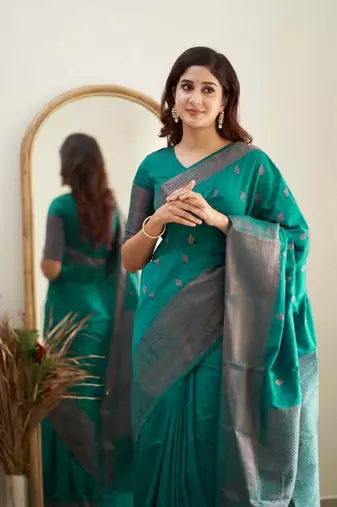 teal green soft art silk banarasi jacuard work designer party wear saree with unstitched blouse piece