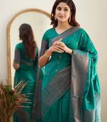 teal green silk blend banarasi saree with unstitched blouse piece