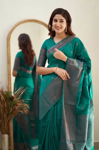 teal green silk blend banarasi saree with unstitched blouse piece