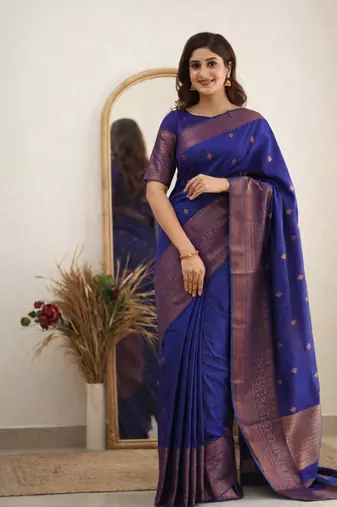 blue purple soft art silk banarasi jacuard work designer party wear saree with unstitched blouse piece