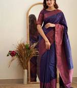 blue purple soft art silk banarasi jacuard work designer party wear saree with unstitched blouse piece