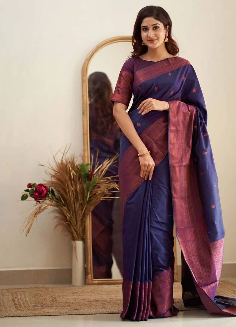 blue purple soft art silk banarasi jacuard work designer party wear saree with unstitched blouse piece