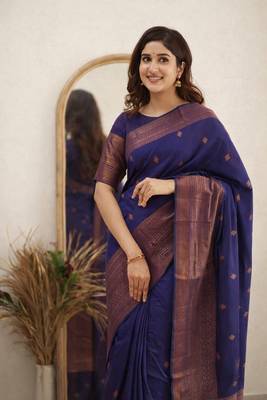 blue purple silk blend banarasi saree with unstitched blouse piece 4