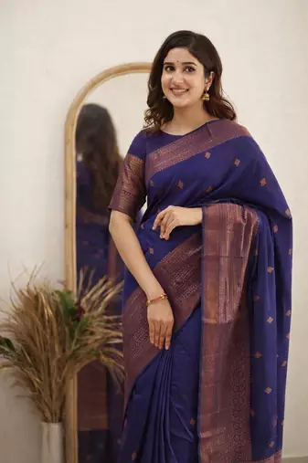 blue purple soft art silk banarasi jacuard work designer party wear saree with unstitched blouse piece