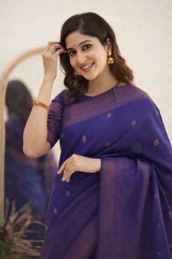 blue purple soft art silk banarasi jacuard work designer party wear saree with unstitched blouse piece