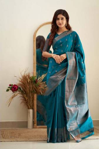morpich soft art silk banarasi jacuard work designer party wear saree with unstitched blouse piece