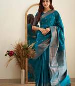 morpich soft art silk banarasi jacuard work designer party wear saree with unstitched blouse piece
