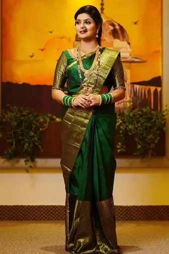 green soft art silk banarasi jacuard work designer party wear saree with unstitched blouse piece