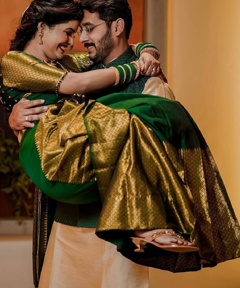 green soft art silk banarasi jacuard work designer party wear saree with unstitched blouse piece