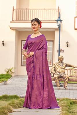 magenta silk blend banarasi saree with unstitched blouse piece 1