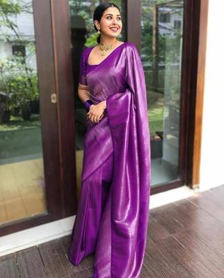 purple silk blend banarasi saree with unstitched blouse piece 1