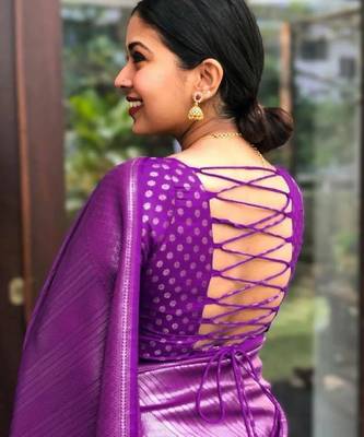 purple silk blend banarasi saree with unstitched blouse piece 3