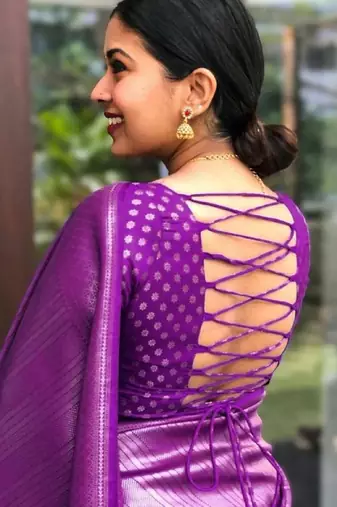 purple silk blend banarasi saree with unstitched blouse piece