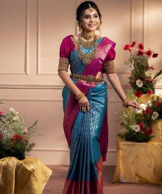 skyblue pink silk blend banarasi saree with unstitched blouse piece 1