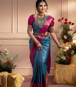 skyblue pink soft art silk banarasi jacuard work designer party wear saree with unstitched blouse piece