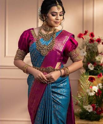 skyblue pink silk blend banarasi saree with unstitched blouse piece 2