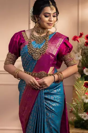 skyblue pink soft art silk banarasi jacuard work designer party wear saree with unstitched blouse piece