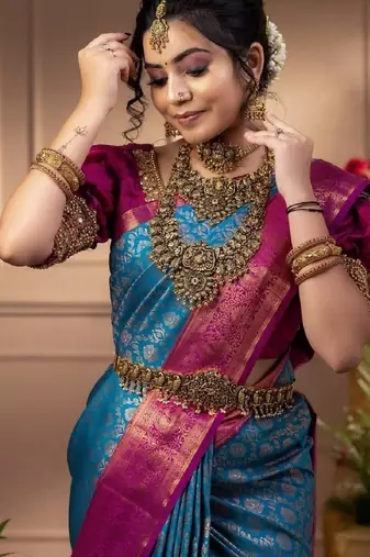 skyblue pink soft art silk banarasi jacuard work designer party wear saree with unstitched blouse piece