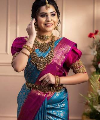 skyblue pink silk blend banarasi saree with unstitched blouse piece 4