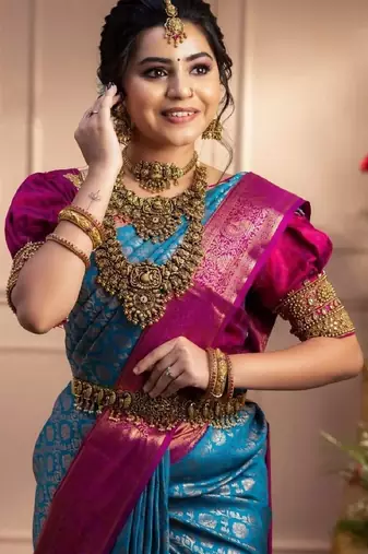 skyblue pink soft art silk banarasi jacuard work designer party wear saree with unstitched blouse piece